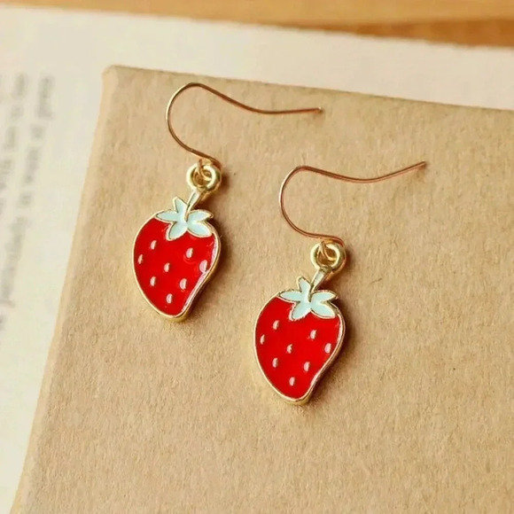 Handmade Enameled Ripe Strawberry Charm Dangle Gold Plated Earrings - Picture 1 of 1